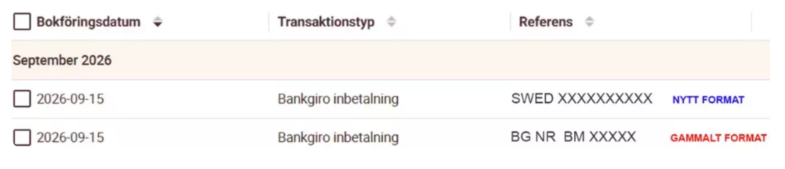 Exempel på gamla och nya betalformatet