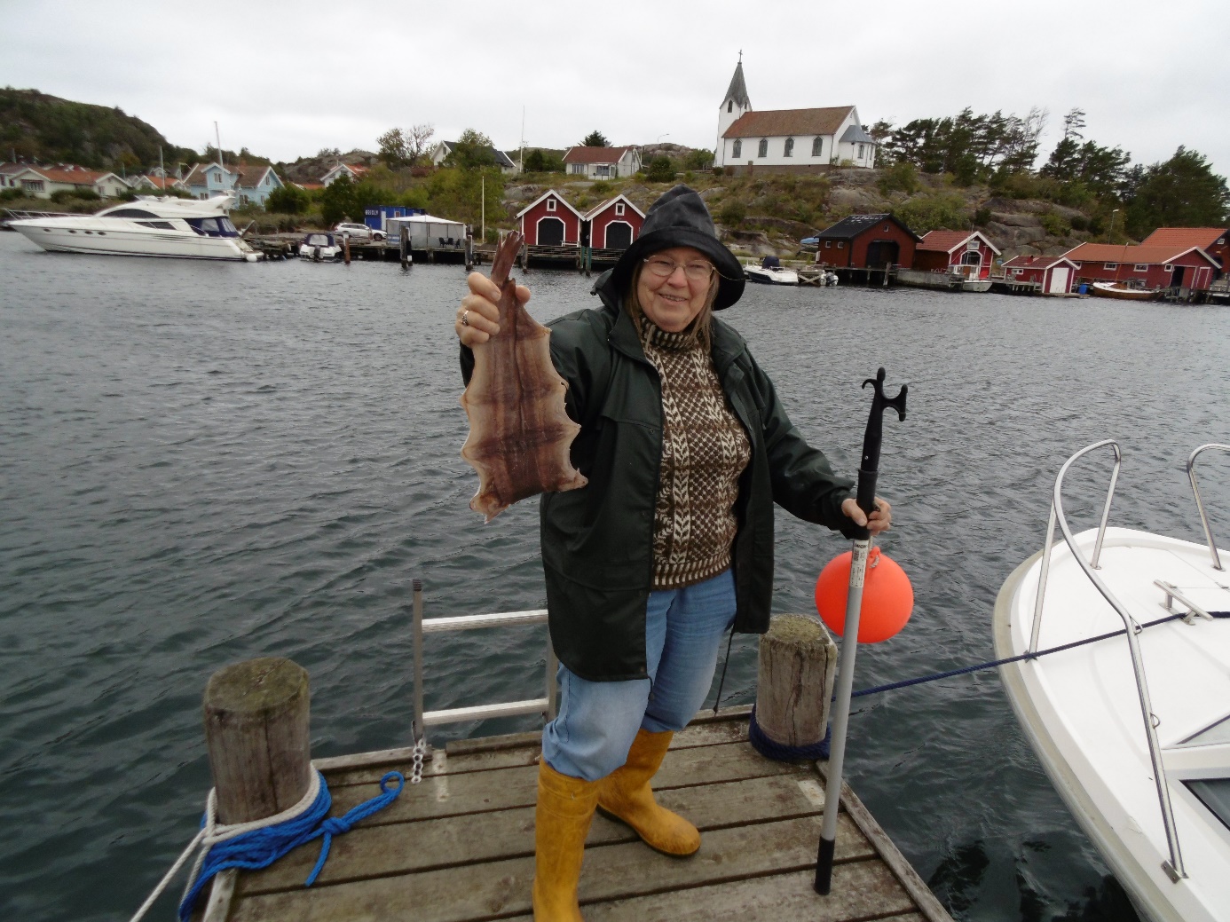 En kvinna står på en brygga och håller upp en plattfisk med Hamburgö i bakgrunden